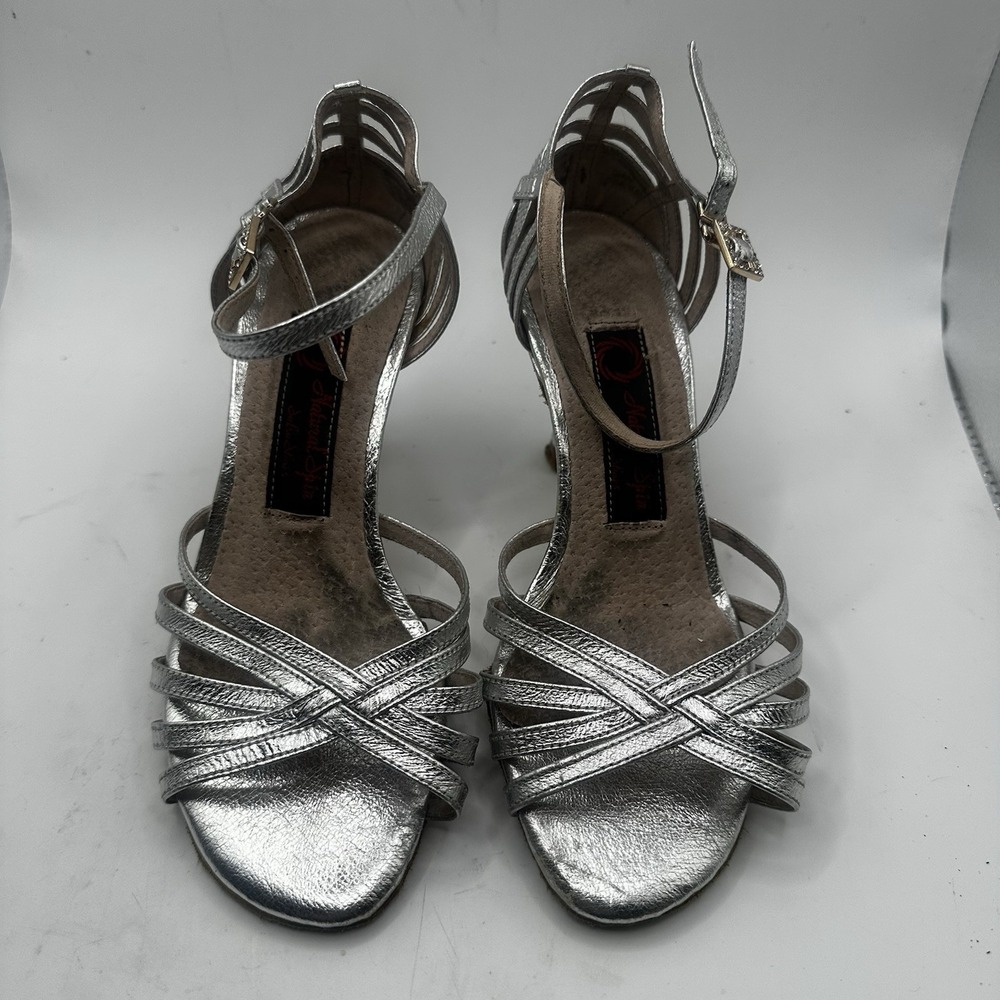 Natural Spin Strappy Tango Heels Dance Shoes Silver Women's Size 5.5 MSRP $106 - Picture 1 of 15